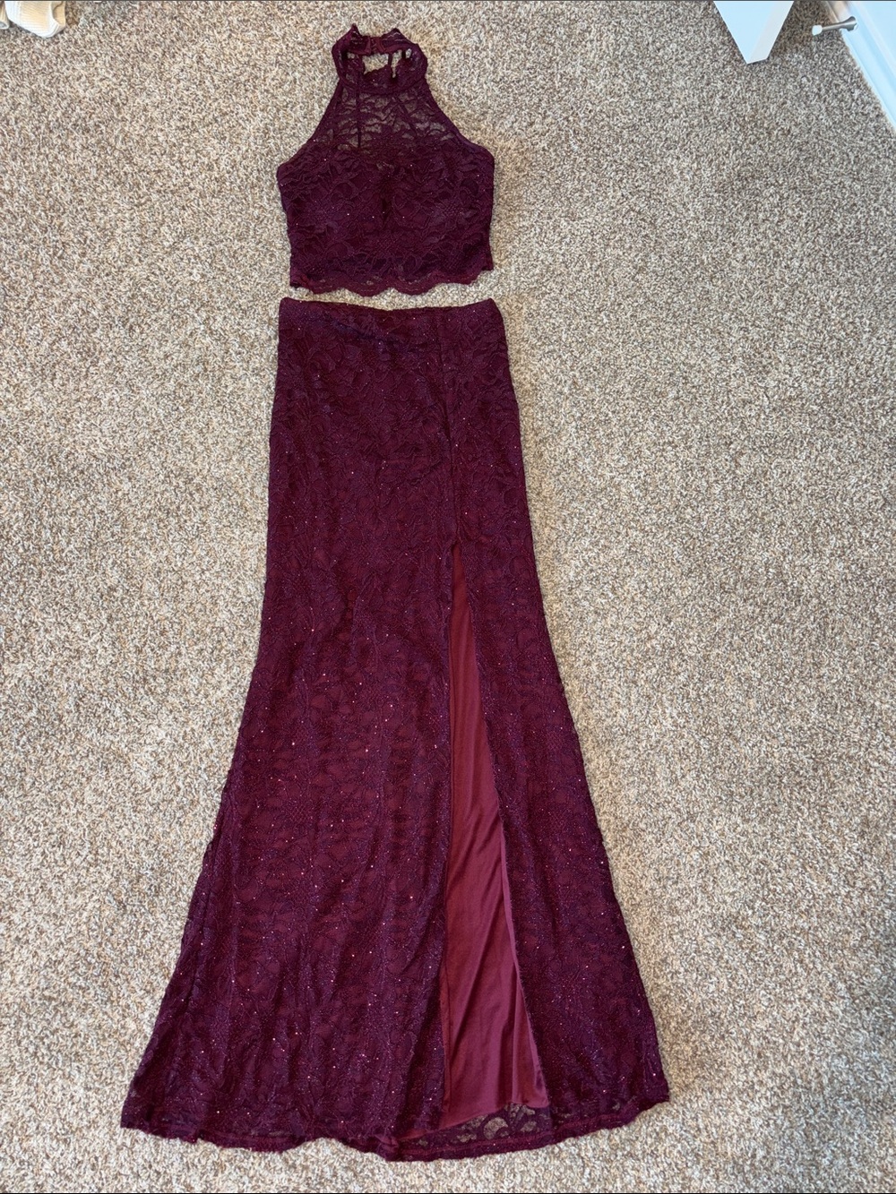 B Darlin Two-Piece Burgundy Lace Prom Dress